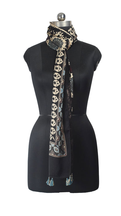 Ajrakh Modal Silk Natural Dye Hand Block Print Stole With Tassels - 2 Mtr Length    -  SKU : AI26901M