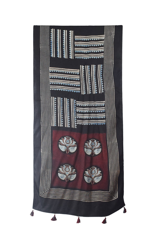 Ajrakh Modal Silk Natural Dye Hand Block Print Stole With Tassels - 2 Mtr Length    -  SKU : AI26901N