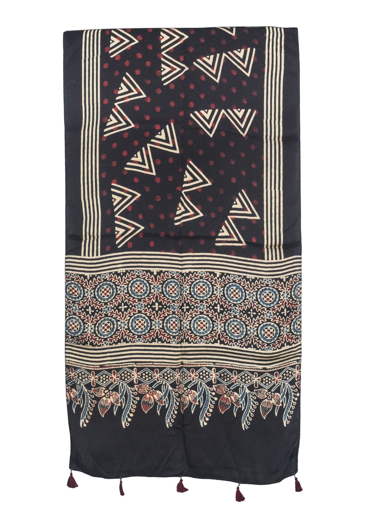 Ajrakh Modal Silk Natural Dye Hand Block Print Stole With Tassels - 2 Mtr Length   -  SKU : AI27803R