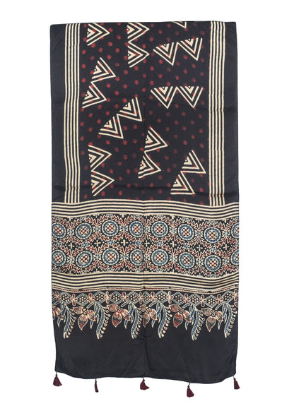 Ajrakh Modal Silk Natural Dye Hand Block Print Stole With Tassels - 2 Mtr Length   -  SKU : AI27803R
