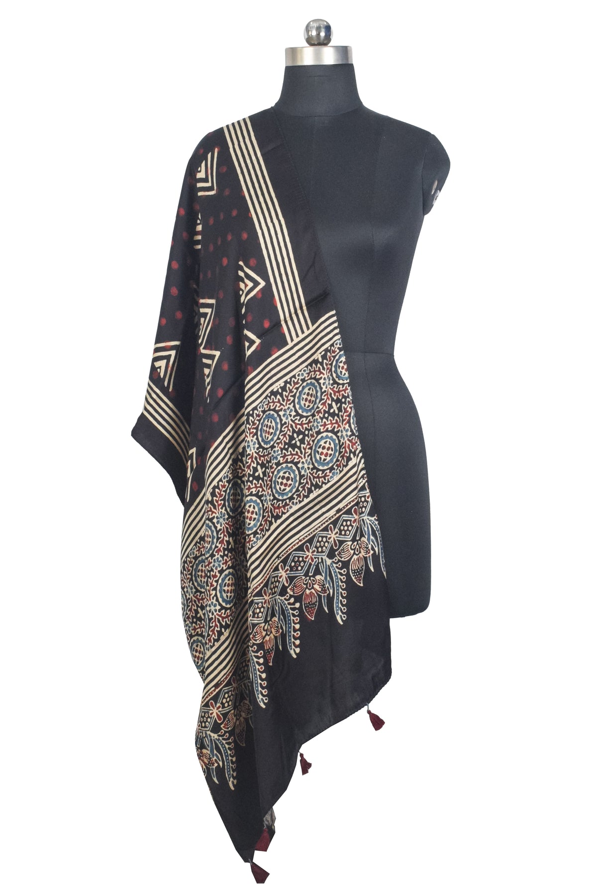 Ajrakh Modal Silk Natural Dye Hand Block Print Stole With Tassels - 2 Mtr Length   -  SKU : AI27803R