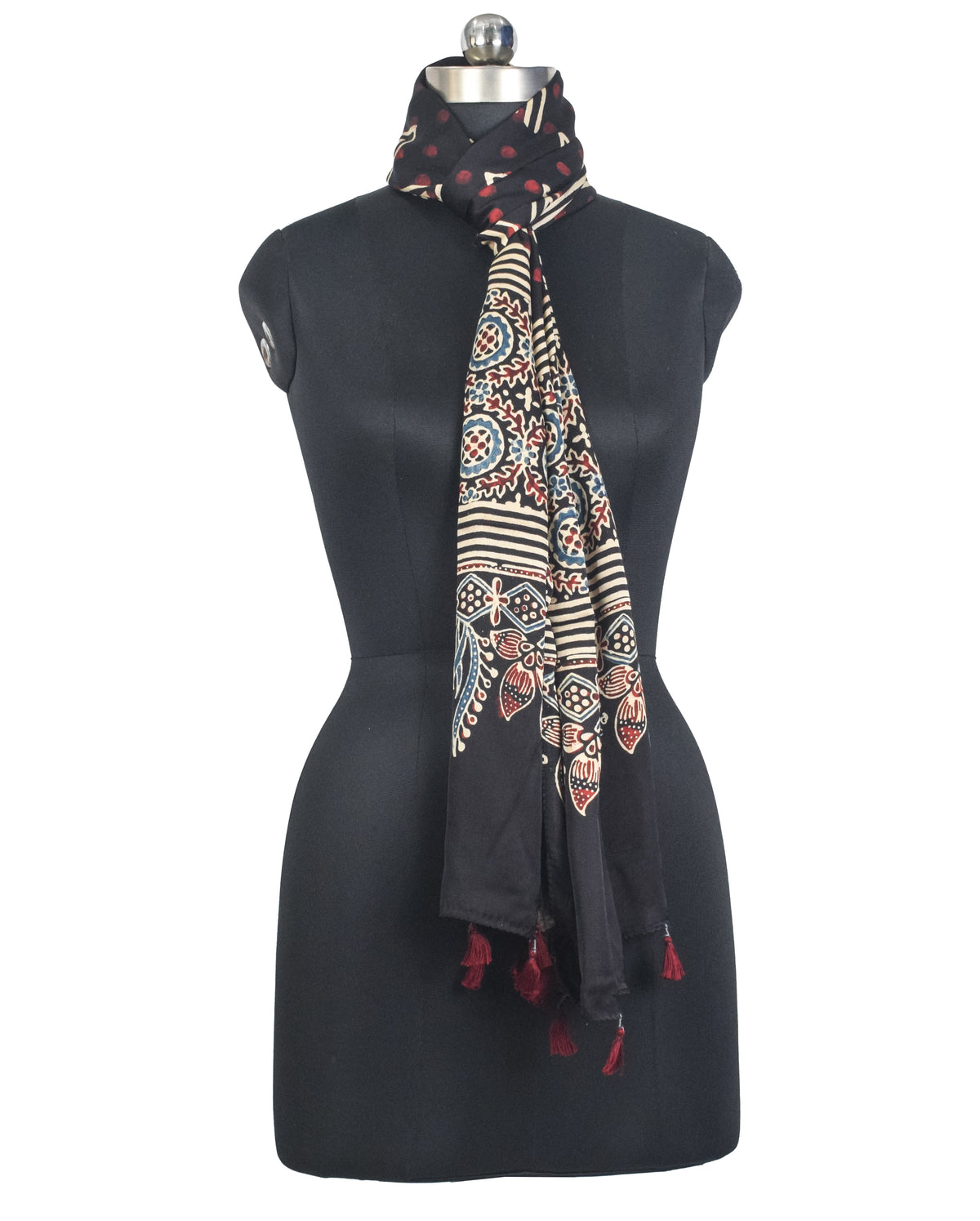 Ajrakh Modal Silk Natural Dye Hand Block Print Stole With Tassels - 2 Mtr Length   -  SKU : AI27803R