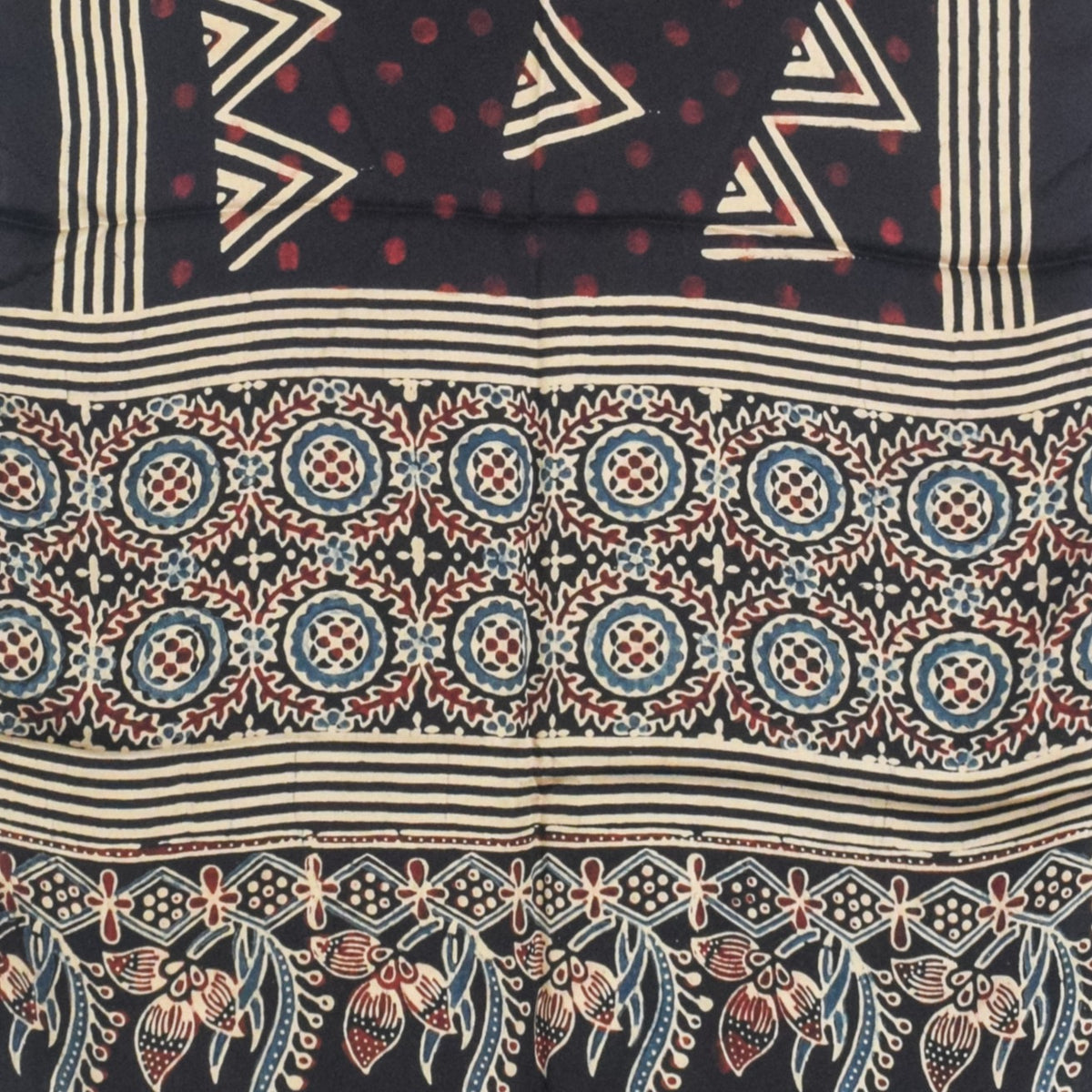 Ajrakh Modal Silk Natural Dye Hand Block Print Stole With Tassels - 2 Mtr Length   -  SKU : AI27803R
