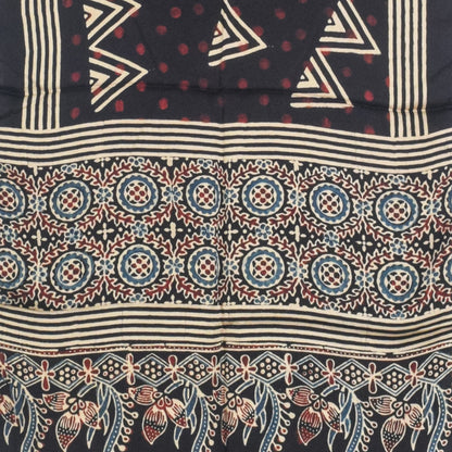 Ajrakh Modal Silk Natural Dye Hand Block Print Stole With Tassels - 2 Mtr Length   -  SKU : AI27803R
