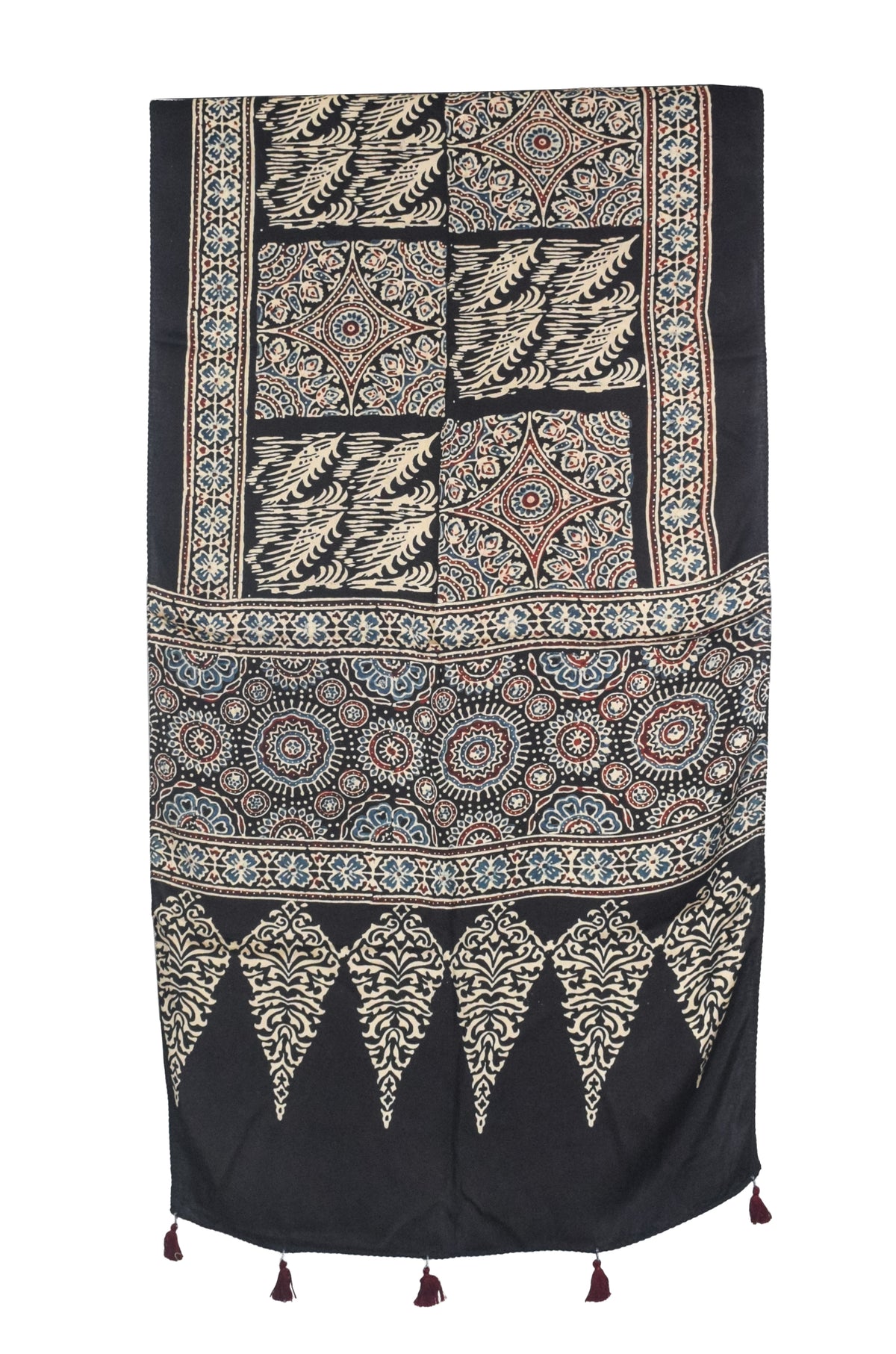 Ajrakh Modal Silk Natural Dye Hand Block Print Stole With Tassels - 2 Mtr Length   -  SKU : AI27803S