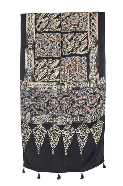Ajrakh Modal Silk Natural Dye Hand Block Print Stole With Tassels - 2 Mtr Length   -  SKU : AI27803S