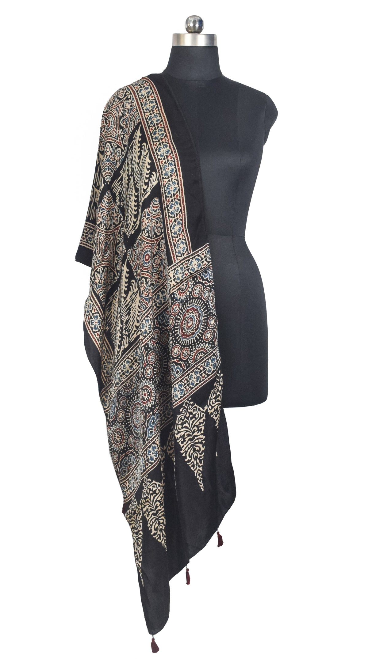 Ajrakh Modal Silk Natural Dye Hand Block Print Stole With Tassels - 2 Mtr Length   -  SKU : AI27803S