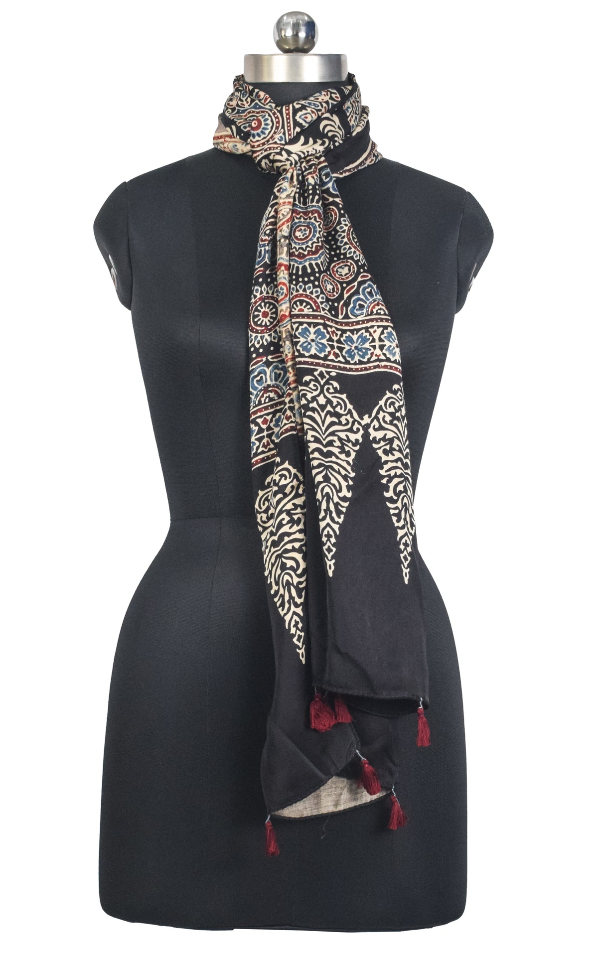 Ajrakh Modal Silk Natural Dye Hand Block Print Stole With Tassels - 2 Mtr Length   -  SKU : AI27803S