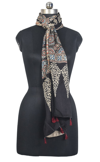 Ajrakh Modal Silk Natural Dye Hand Block Print Stole With Tassels - 2 Mtr Length   -  SKU : AI27803S