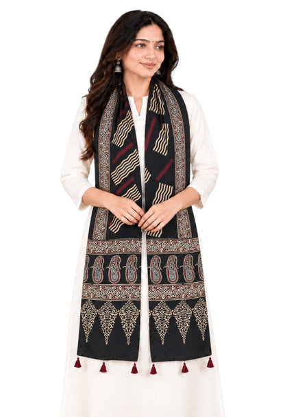 Ajrakh Modal Silk Natural Dye Hand Block Print Stole With Tassels - 2 Mtr Length   -  SKU : AI27803T