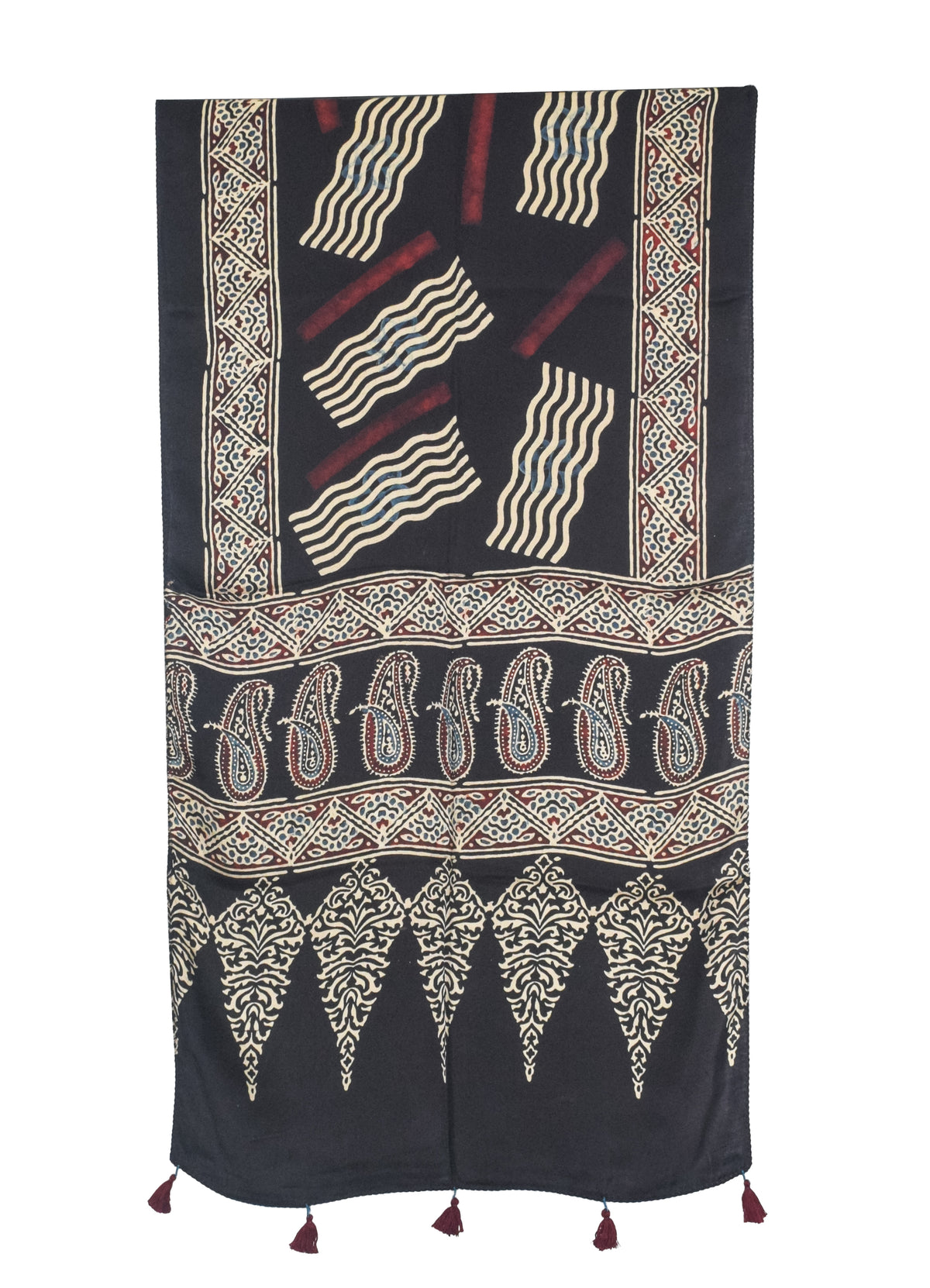 Ajrakh Modal Silk Natural Dye Hand Block Print Stole With Tassels - 2 Mtr Length   -  SKU : AI27803T