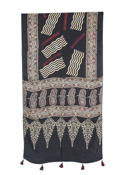 Ajrakh Modal Silk Natural Dye Hand Block Print Stole With Tassels - 2 Mtr Length   -  SKU : AI27803T
