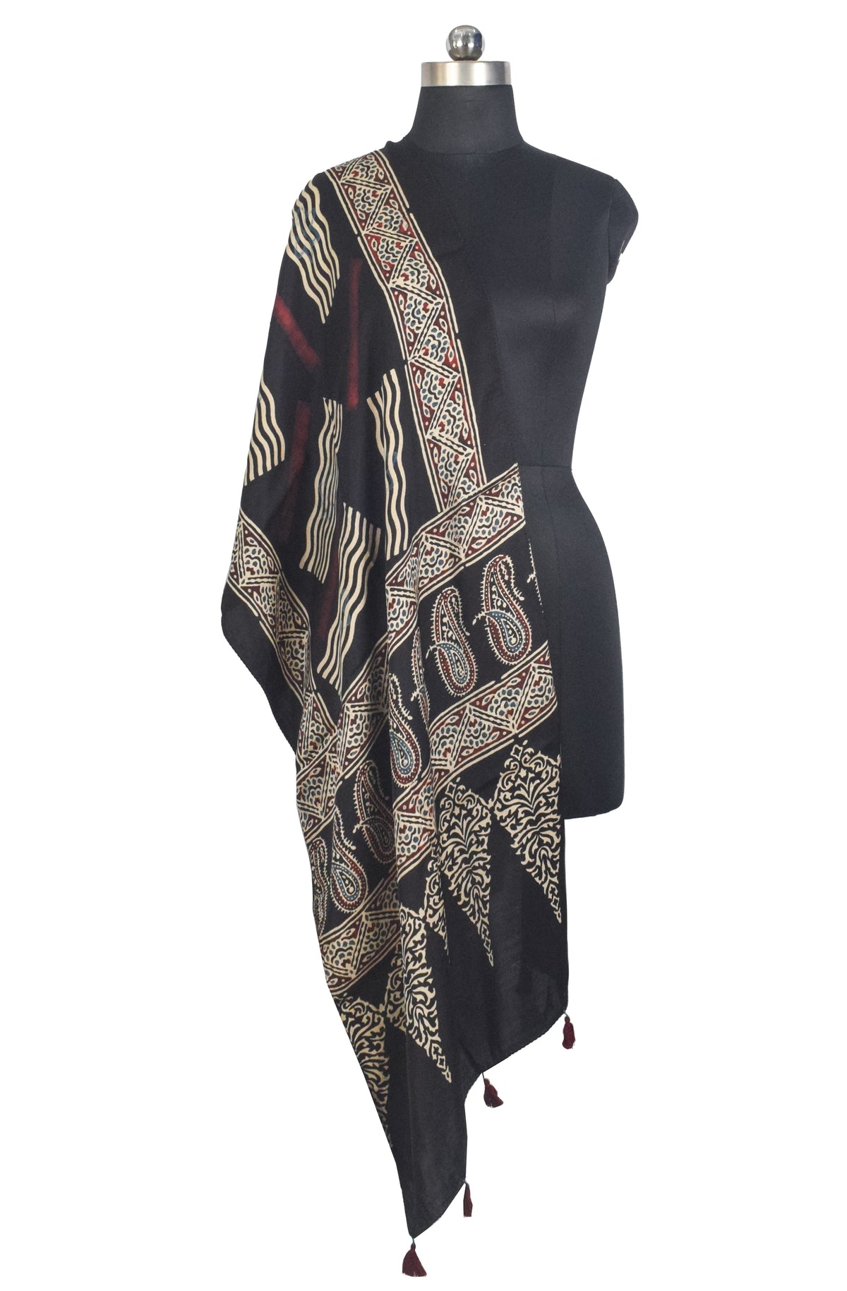 Ajrakh Modal Silk Natural Dye Hand Block Print Stole With Tassels - 2 Mtr Length   -  SKU : AI27803T