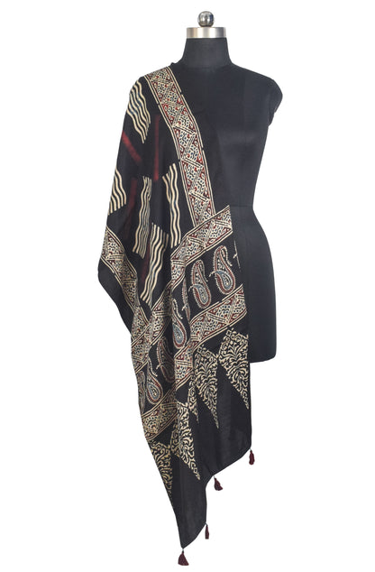 Ajrakh Modal Silk Natural Dye Hand Block Print Stole With Tassels - 2 Mtr Length   -  SKU : AI27803T