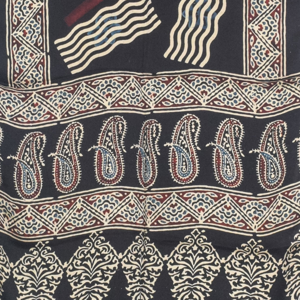 Ajrakh Modal Silk Natural Dye Hand Block Print Stole With Tassels - 2 Mtr Length   -  SKU : AI27803T