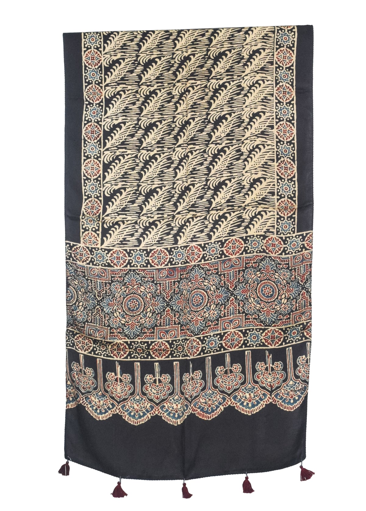 Ajrakh Modal Silk Natural Dye Hand Block Print Stole With Tassels - 2 Mtr Length   -  SKU : AI27803U
