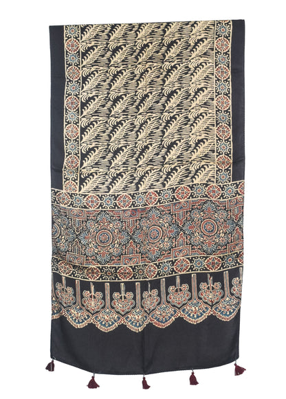 Ajrakh Modal Silk Natural Dye Hand Block Print Stole With Tassels - 2 Mtr Length   -  SKU : AI27803U
