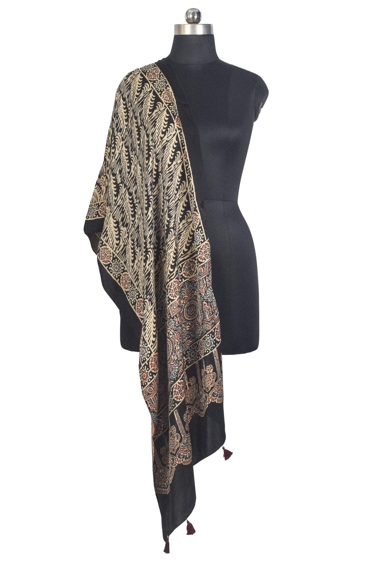 Ajrakh Modal Silk Natural Dye Hand Block Print Stole With Tassels - 2 Mtr Length   -  SKU : AI27803U
