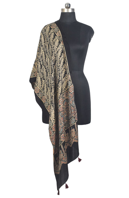 Ajrakh Modal Silk Natural Dye Hand Block Print Stole With Tassels - 2 Mtr Length   -  SKU : AI27803U