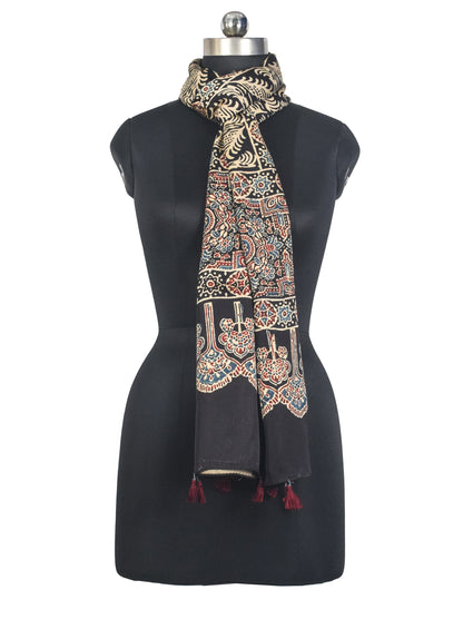 Ajrakh Modal Silk Natural Dye Hand Block Print Stole With Tassels - 2 Mtr Length   -  SKU : AI27803U