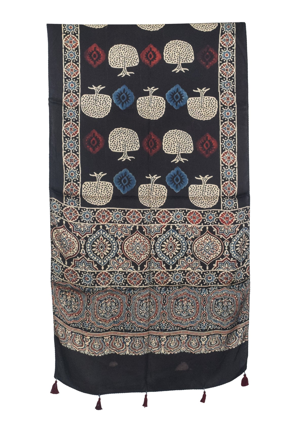 Ajrakh Modal Silk Natural Dye Hand Block Print Stole With Tassels - 2 Mtr Length   -  SKU : AI27803V