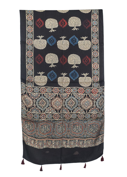 Ajrakh Modal Silk Natural Dye Hand Block Print Stole With Tassels - 2 Mtr Length   -  SKU : AI27803V
