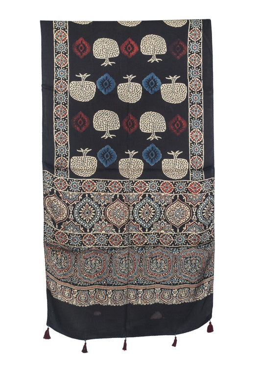 Ajrakh Modal Silk Natural Dye Hand Block Print Stole With Tassels - 2 Mtr Length   -  SKU : AI27803V