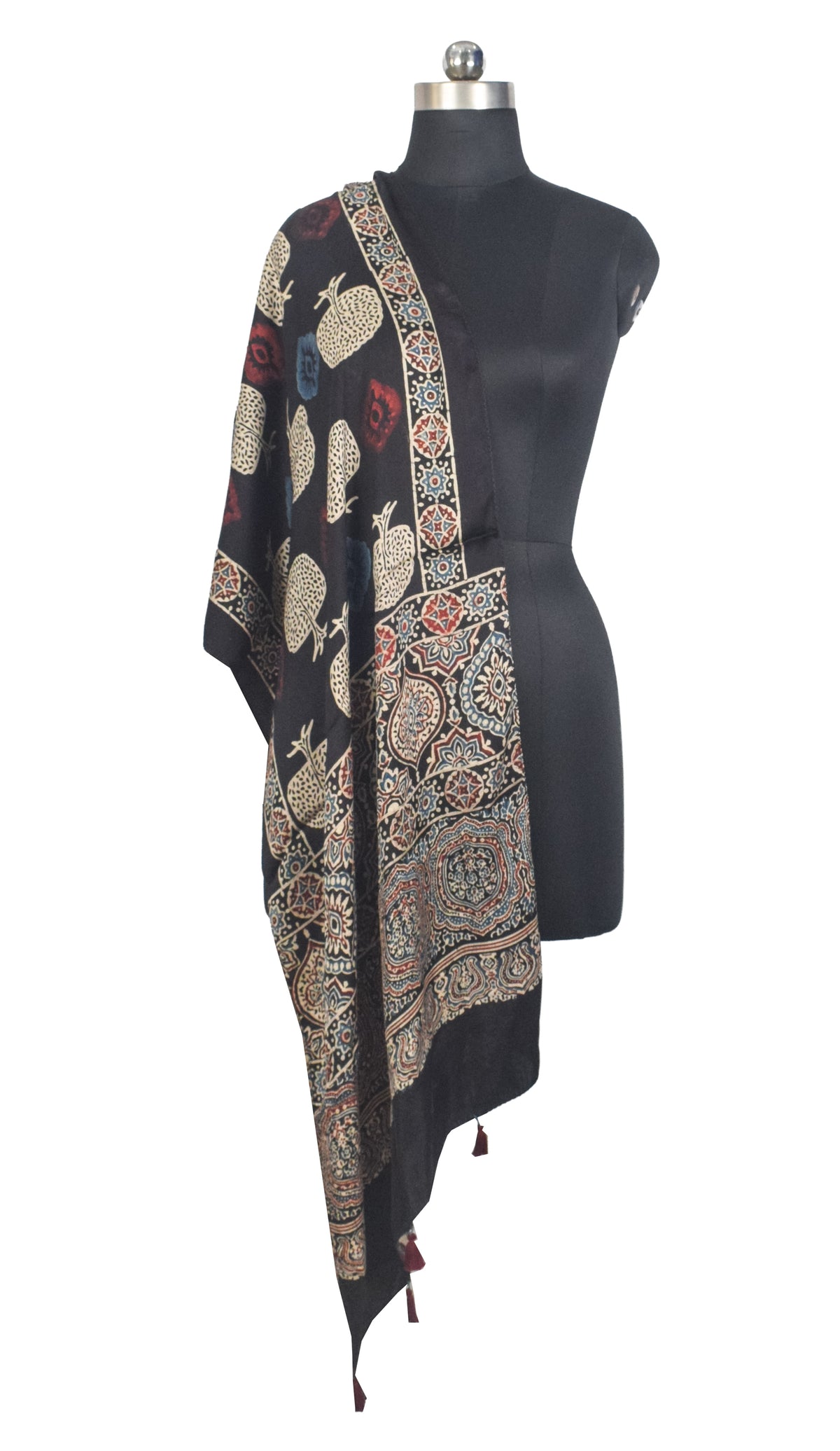 Ajrakh Modal Silk Natural Dye Hand Block Print Stole With Tassels - 2 Mtr Length   -  SKU : AI27803V