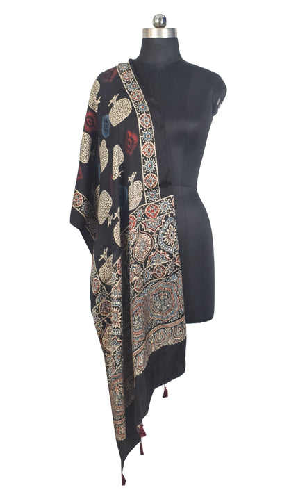Ajrakh Modal Silk Natural Dye Hand Block Print Stole With Tassels - 2 Mtr Length   -  SKU : AI27803V