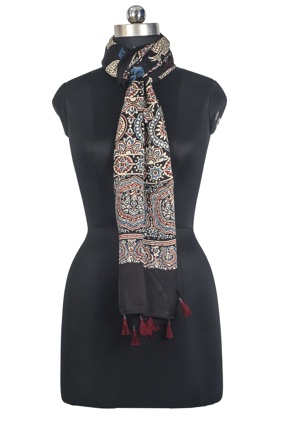Ajrakh Modal Silk Natural Dye Hand Block Print Stole With Tassels - 2 Mtr Length   -  SKU : AI27803V