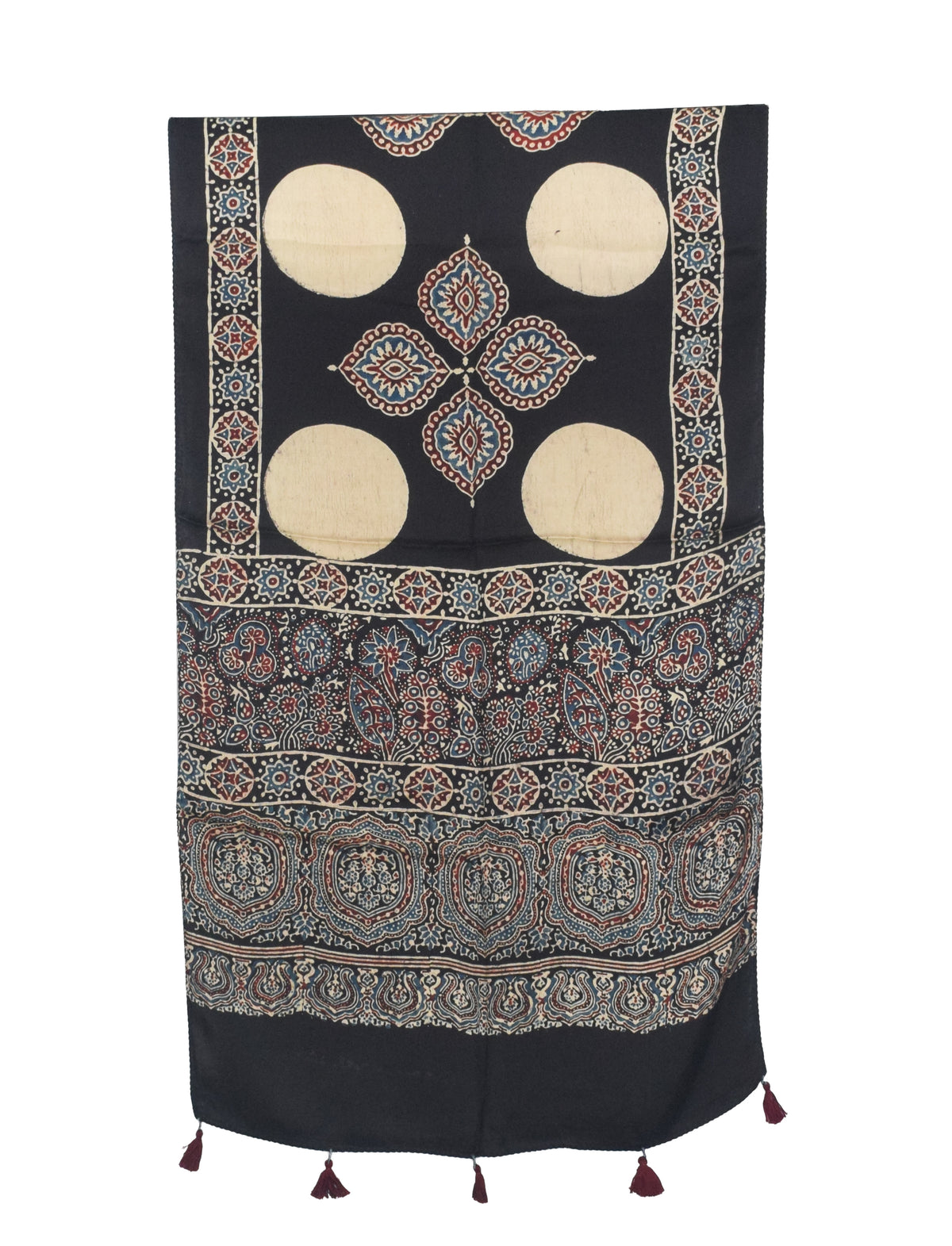Ajrakh Modal Silk Natural Dye Hand Block Print Stole With Tassels - 2 Mtr Length   -  SKU : AI27803W