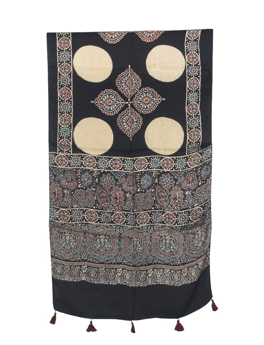 Ajrakh Modal Silk Natural Dye Hand Block Print Stole With Tassels - 2 Mtr Length   -  SKU : AI27803W
