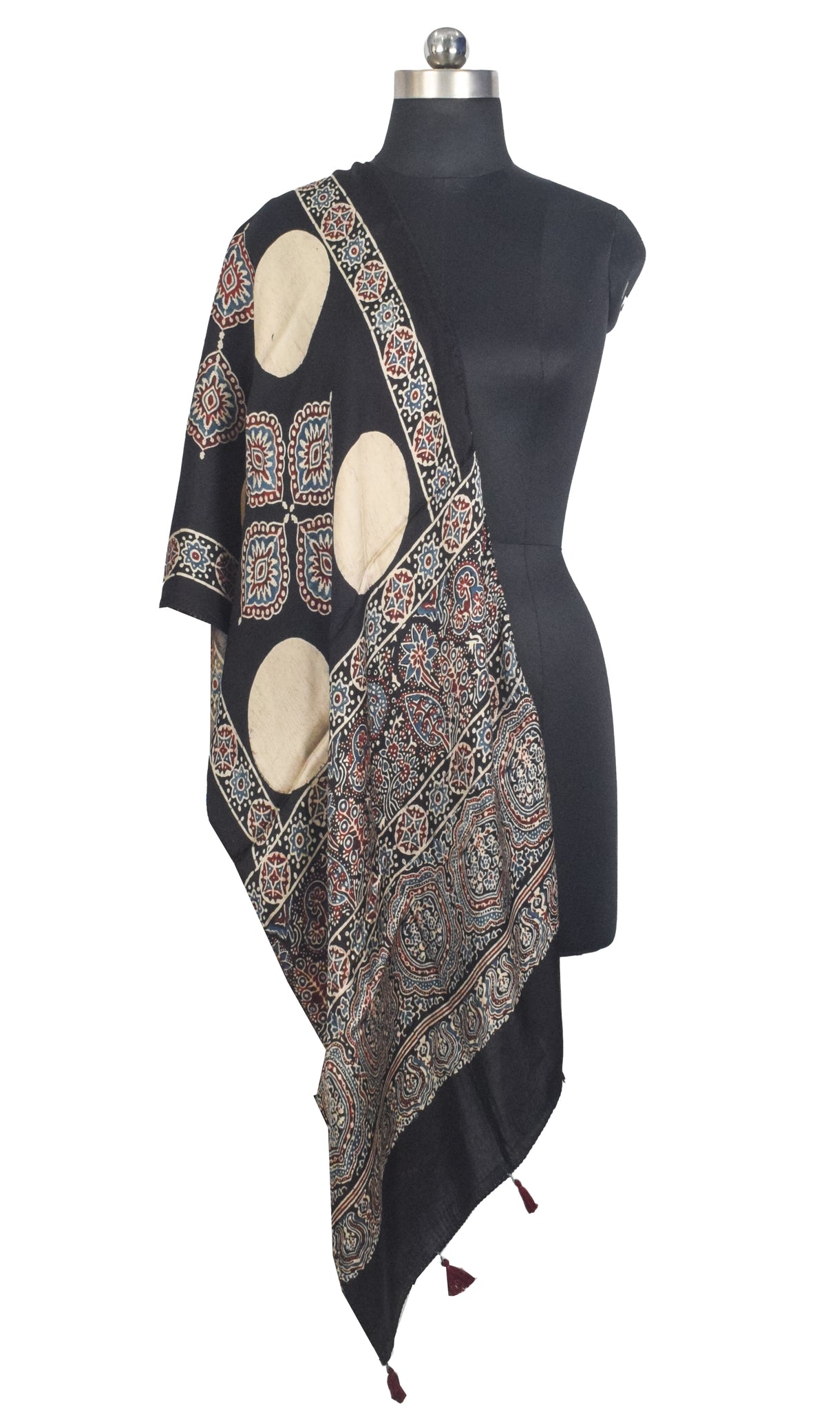 Ajrakh Modal Silk Natural Dye Hand Block Print Stole With Tassels - 2 Mtr Length   -  SKU : AI27803W