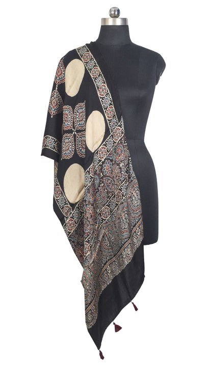 Ajrakh Modal Silk Natural Dye Hand Block Print Stole With Tassels - 2 Mtr Length   -  SKU : AI27803W