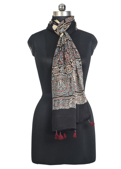 Ajrakh Modal Silk Natural Dye Hand Block Print Stole With Tassels - 2 Mtr Length   -  SKU : AI27803W