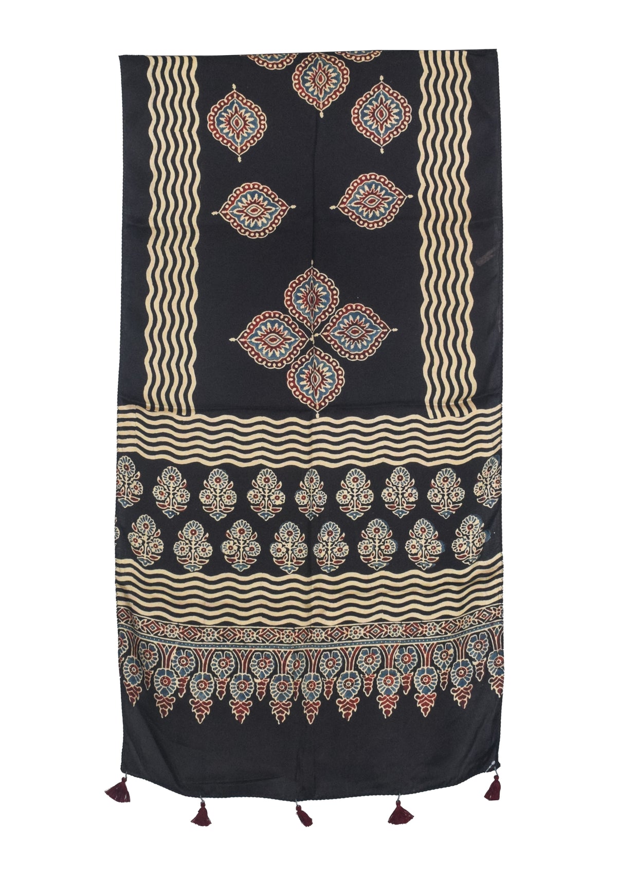 Ajrakh Modal Silk Natural Dye Hand Block Print Stole With Tassels - 2 Mtr Length   -  SKU : AI27803X
