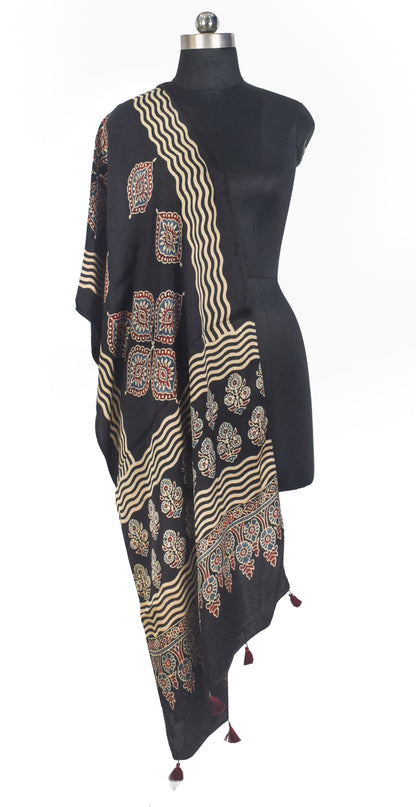 Ajrakh Modal Silk Natural Dye Hand Block Print Stole With Tassels - 2 Mtr Length   -  SKU : AI27803X
