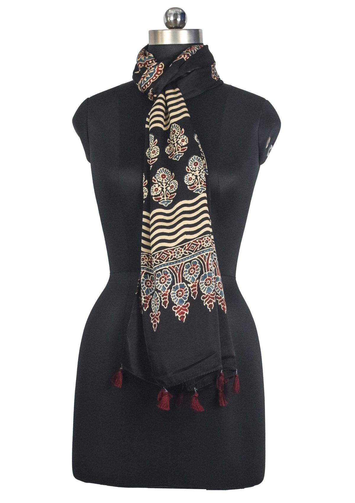 Ajrakh Modal Silk Natural Dye Hand Block Print Stole With Tassels - 2 Mtr Length   -  SKU : AI27803X