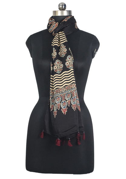 Ajrakh Modal Silk Natural Dye Hand Block Print Stole With Tassels - 2 Mtr Length   -  SKU : AI27803X