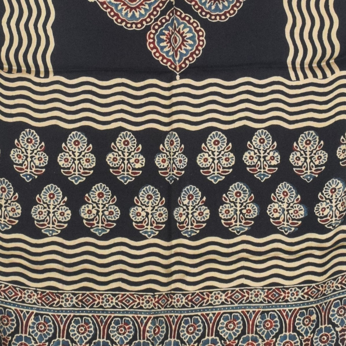 Ajrakh Modal Silk Natural Dye Hand Block Print Stole With Tassels - 2 Mtr Length   -  SKU : AI27803X