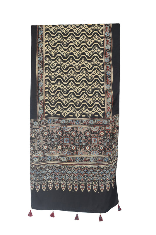 Ajrakh Modal Silk Natural Dye Hand Block Print Stole With Tassels - 2 Mtr Length    -  SKU : EK11A01E