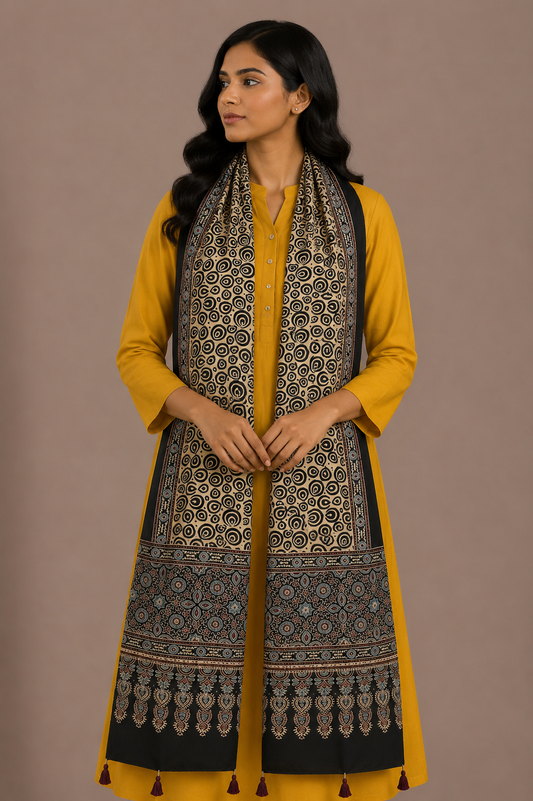 Ajrakh Modal Silk Natural Dye Hand Block Print Stole With Tassels - 2 Mtr Length    -  SKU : EK11A01Q