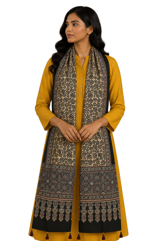 Ajrakh Modal Silk Natural Dye Hand Block Print Stole With Tassels - 2 Mtr Length    -  SKU : EK11A01Q