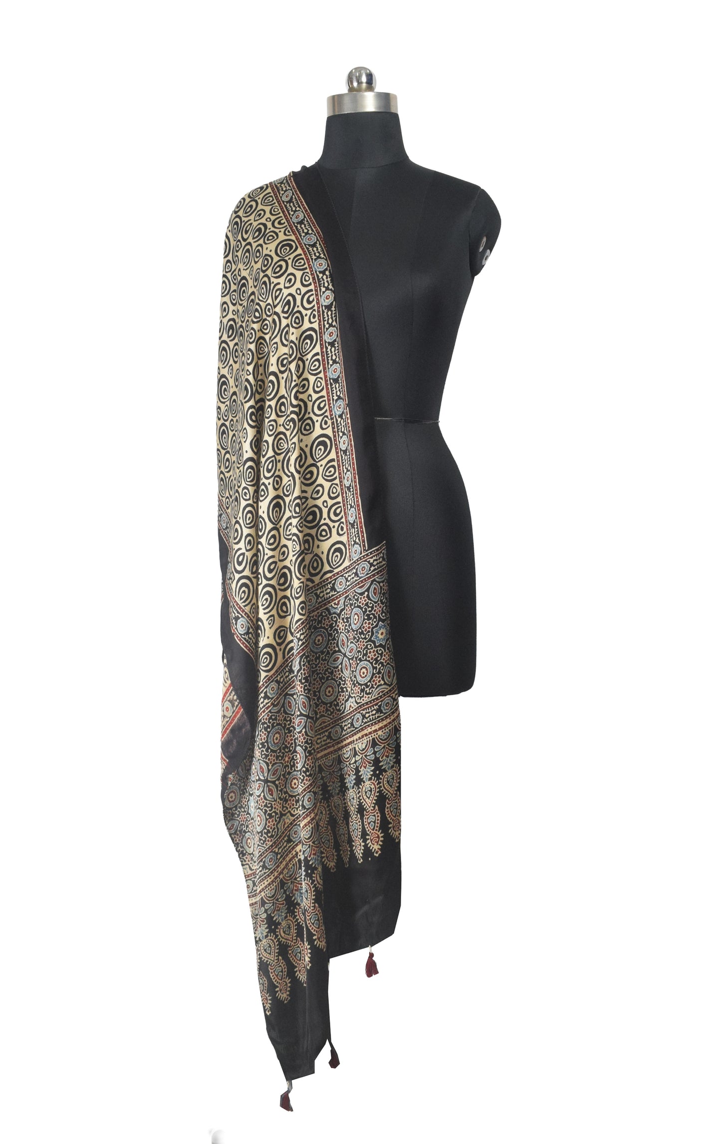 Ajrakh Modal Silk Natural Dye Hand Block Print Stole With Tassels - 2 Mtr Length    -  SKU : EK11A01Q