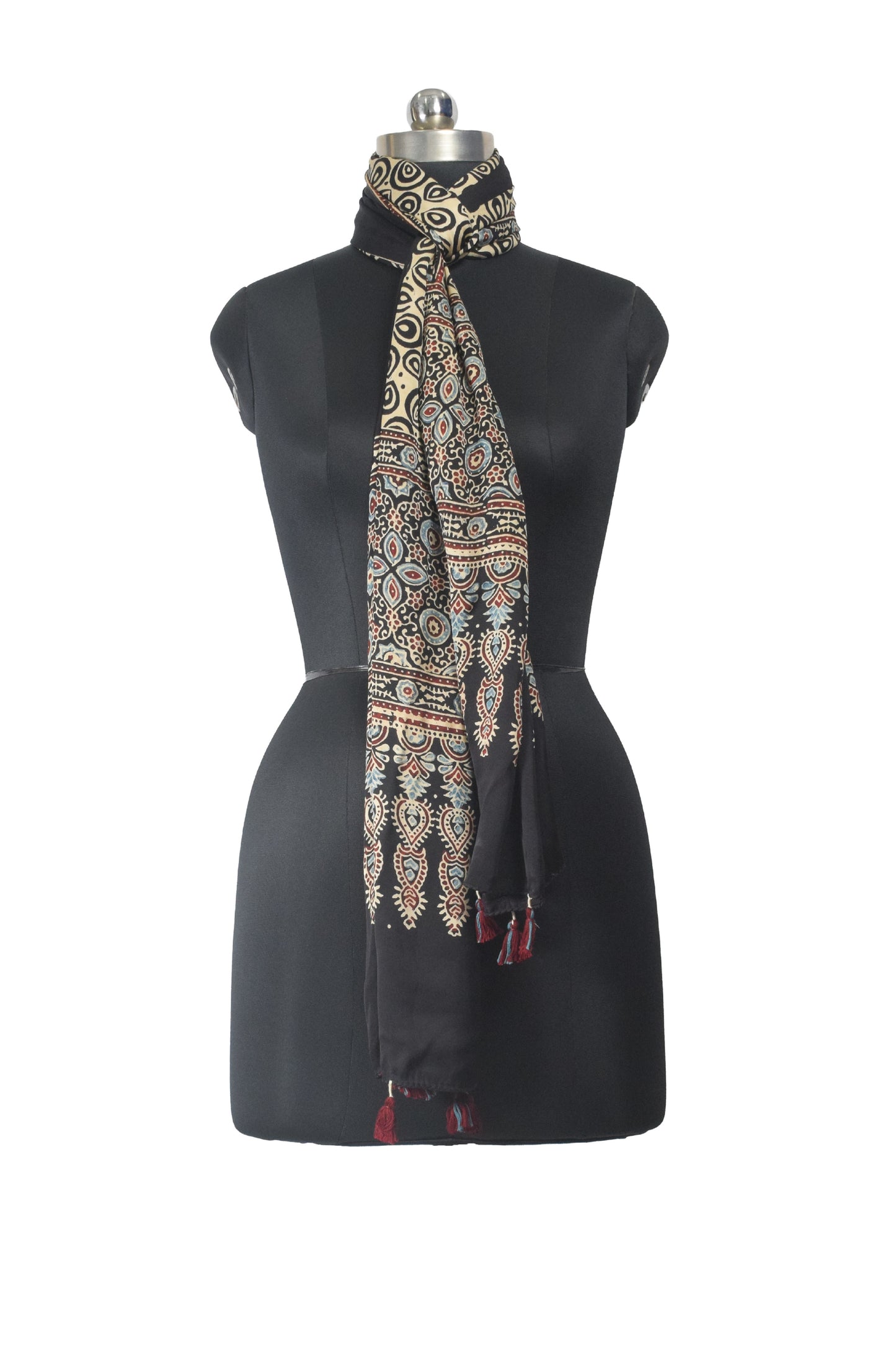 Ajrakh Modal Silk Natural Dye Hand Block Print Stole With Tassels - 2 Mtr Length    -  SKU : EK11A01Q