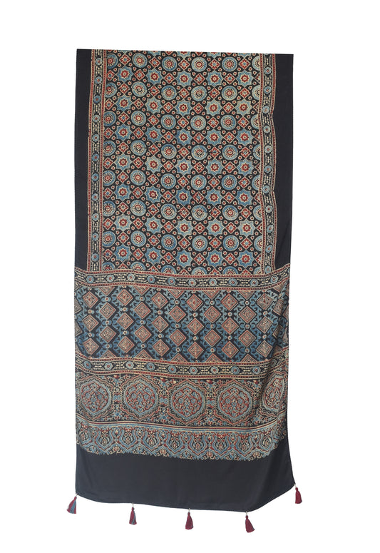 Ajrakh Modal Silk Natural Dye Hand Block Print Stole With Tassels - 2 Mtr Length    -  SKU : EK11A01S
