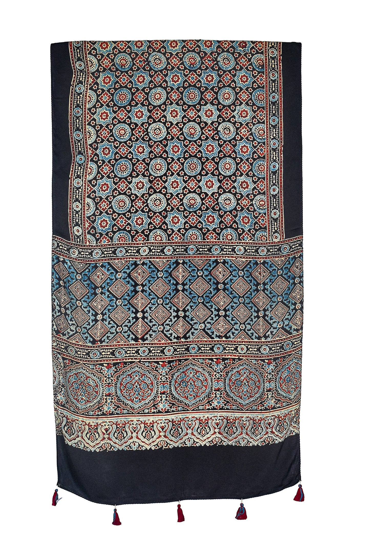 Ajrakh Modal Silk Natural Dye Hand Block Print Stole With Tassels - 2 Mtr Length    -  SKU : EK11A01S
