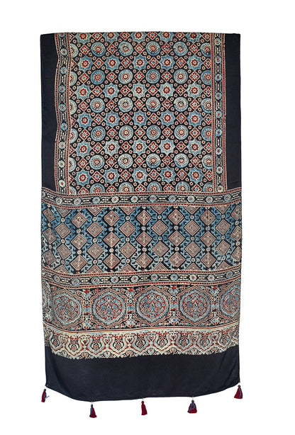 Ajrakh Modal Silk Natural Dye Hand Block Print Stole With Tassels - 2 Mtr Length    -  SKU : EK11A01S