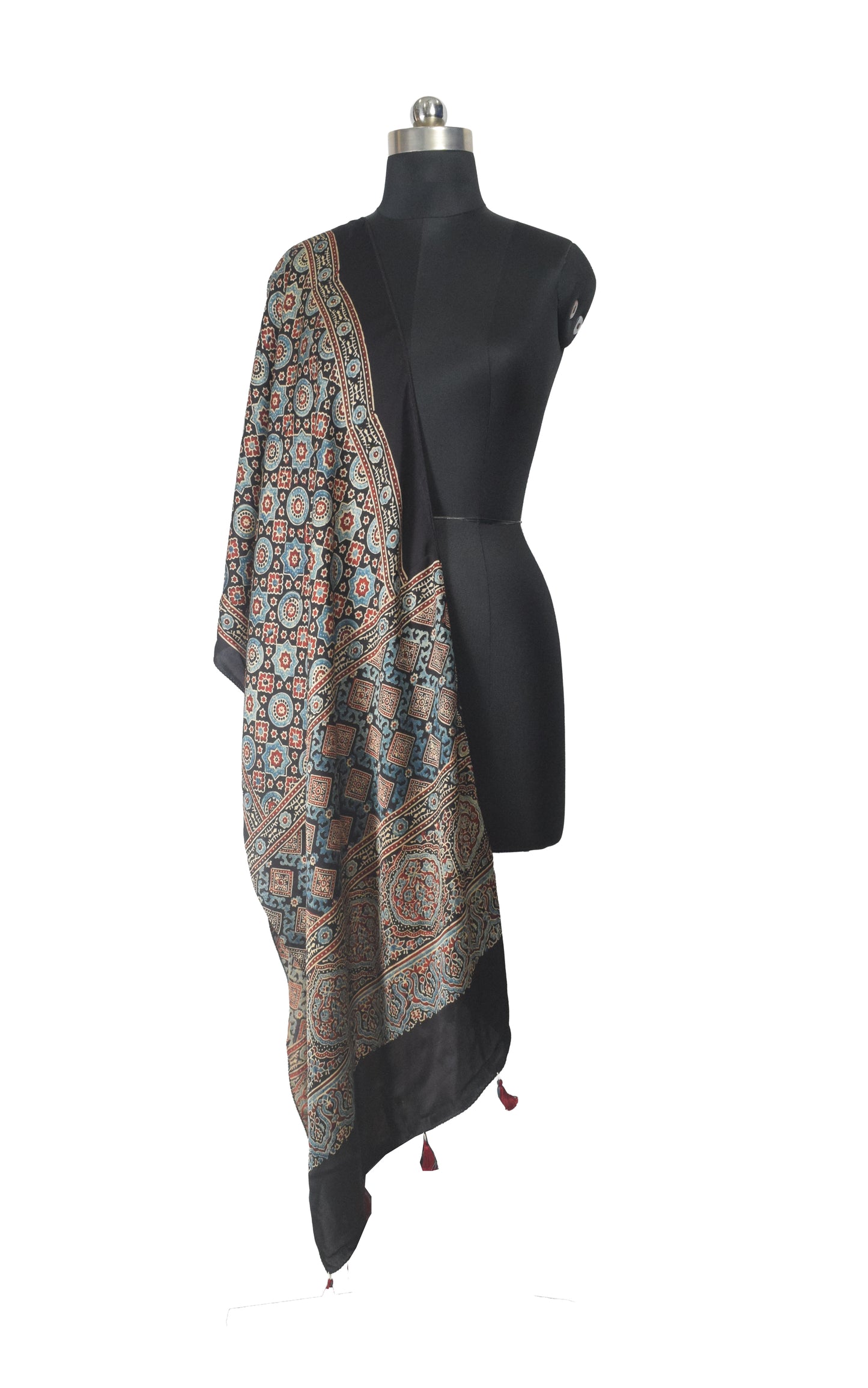 Ajrakh Modal Silk Natural Dye Hand Block Print Stole With Tassels - 2 Mtr Length    -  SKU : EK11A01S
