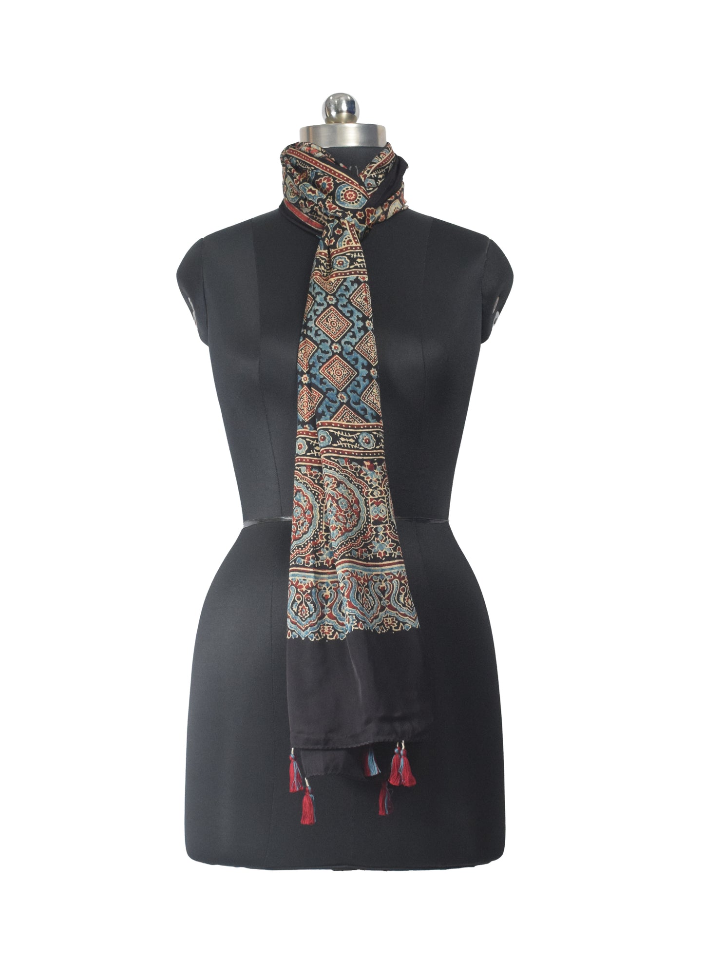 Ajrakh Modal Silk Natural Dye Hand Block Print Stole With Tassels - 2 Mtr Length    -  SKU : EK11A01S
